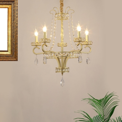 Candle Restaurant Ceiling Chandelier French Country Crystal 5 Heads Gold Pendant Light Fixture