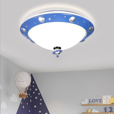 Cartoon LED Flushmount with White Glass Shade Blue Finish Domed Ceiling Mounted Fixture