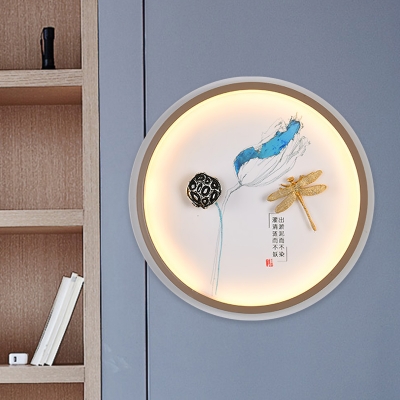 Ceramic Dragonfly and Lotus Wall Light Chinese LED Mural Light Fixture in Blue and Yellow