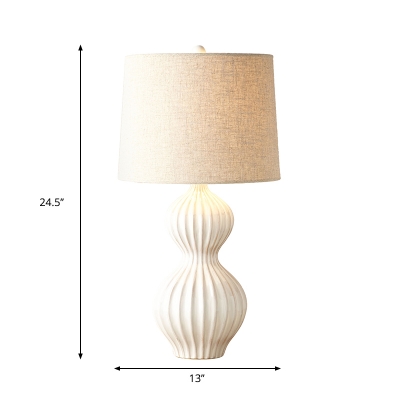 Ceramic Gourd Table Lamp Countryside 1-Light Bedside Night Light with Drum Fabric Shade in Flaxen