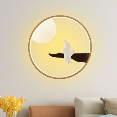 Chinese Style LED Sconce Mural Light Wood/Black Moon and Thinker Wall Mount Lamp with Acrylic Shade