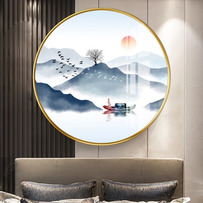 Circular Wall Mural Lighting Asian Mountain and River Patterned Fabric LED Gold Sconce Lamp