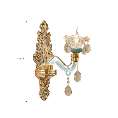 Clear Carved Glass Gold Sconce Ruffle-Trimmed Flared 1 Head Traditional Wall Mount Light Fixture for Living Room