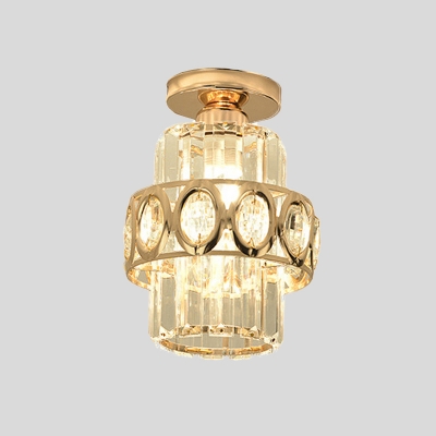 Crystal Block Cylinder Semi Flush Lamp Simple 1-Light Flush Mount Lighting in Gold
