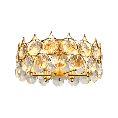 Crystal Embedded Gold Semi Flush Drum Shaped 6-Light Postmodern Ceiling Mount Light