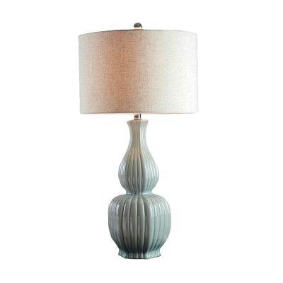 Fabric Beige Nightstand Lamp Cylinder Single-Bulb Rural Table Lighting with Gourd Ceramics Base