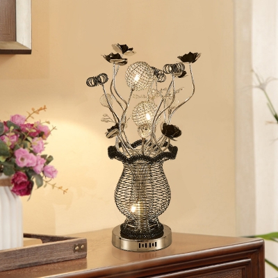 Floral and Vase Bedside Table Light Art Deco Metal Wire LED Black-Silver Nightstand Lamp