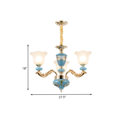 Flower Frosted White Glass Chandelier Traditional 3/6 Bulbs Dining Room Up Ceiling Hang Fixture in Blue and Gold