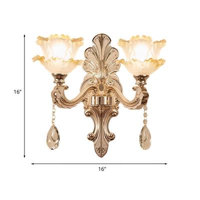 Flower Ruffle Glass Wall Lighting Idea Traditional 1/2-Bulb Bedside Wall Mounted Lamp Fixture in Gold