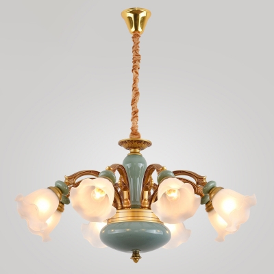 Flower Shade Living Room Drop Pendant Countryside Opal Glass 6/8/10-Bulb Gold Chandelier with Blue Ceramics Detail