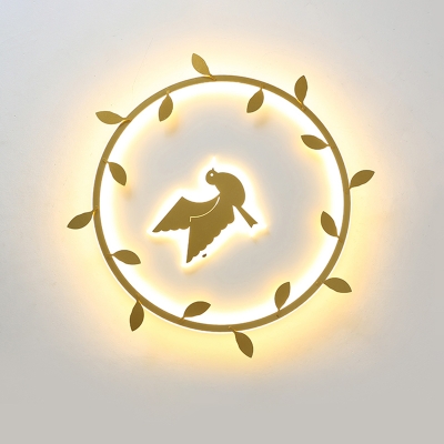 Gold Finish Rattan-Ring Flush Mount Nordic LED Acrylic Flushmount Lighting with Bird Pattern in White/Warm Light