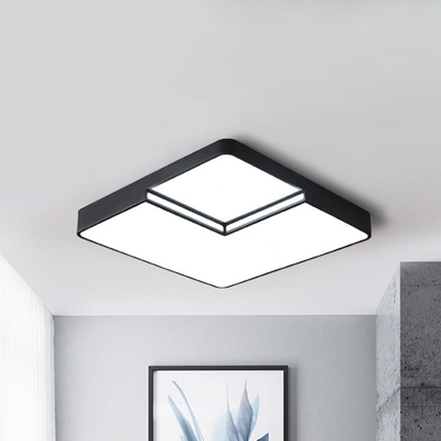 LED Bedroom Ceiling Mounted Fixture Modern White/Black Finish Flush Lighting with Square Acrylic Shade in White/Warm Light, 16.5