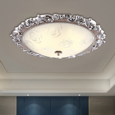 LED Ceiling Mounted Lamp Countryside Dome Shade White Glass Flush Lighting in Silver