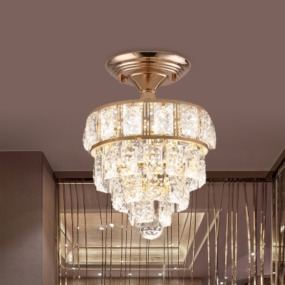 LED Tapered Semi Flushmount Traditional Gold Finish Faceted Crystal Block Close to Ceiling Light