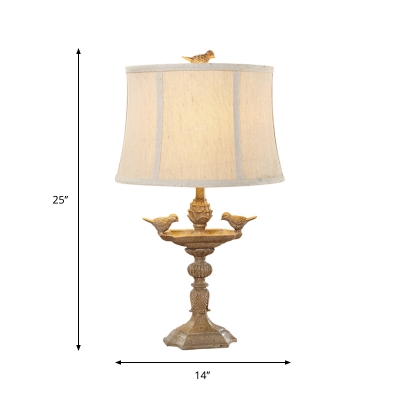 Light Brown Oval Shade Reading Lamp Country Style Fabric Single Study Room Table Light with Bird Deco