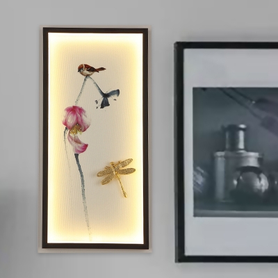 Living Room LED Mural Lighting Asia Black Wall Light with Rectangle Aluminum Frame and Lotus Pond Pattern