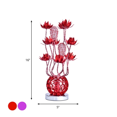 Lotus and Vase Bedside Table Light Art Deco Metal Wire Red/Purple Finish LED Desk Lamp, 16