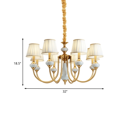 Metal Curved Arm Chandelier Light Traditionalist 8 Lights Living Room Pendant Lamp with Barrel Plated Fabric Shade in Gold