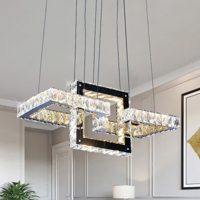 Minimalist 3-Square Frame Pendulum Light Clear Crystal Living Room LED Chandelier