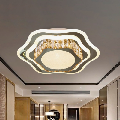 Modern 3-Layer Flower Flush Light Crystal Embedded LED Ceiling Lamp in Stainless Steel