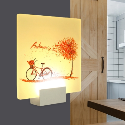 Nordic Fall Tree and Bike Mural Lighting Acrylic Bedside LED Square Wall Light Fixture in White-Orange