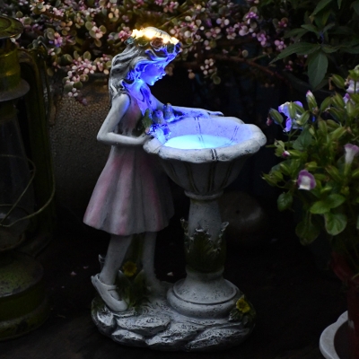 Nordic LED Ground Light Set Pink Angel and Baptismal Font Solar Patio Lamp with Resin Shade in Blue Light
