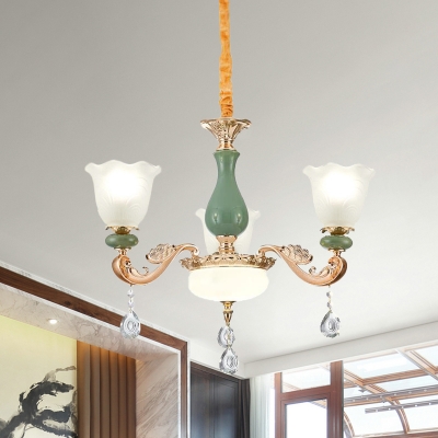 Opal Glass Flower Up Hanging Light Kit Transition Style 3/6 Lights Living Room Ceiling Chandelier in Gold