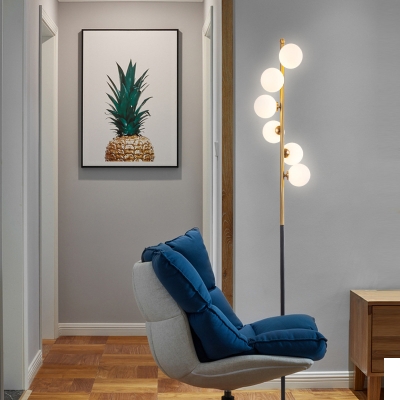 Orb Opal Glass Shade Stand Up Light with Spiral Design Modernist 6-Bulb Black-Gold Floor Lamp