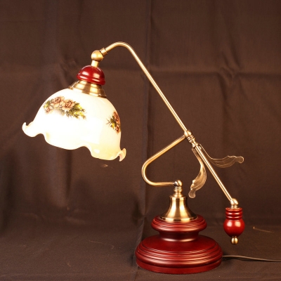 Red Brown Single Reading Light Countryside Wood Gourd Table Lamp with Balance Arm and Printing Glass Shade