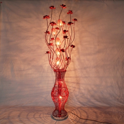 Red Lotus and Vase Floor Standing Light Art Deco Aluminum Wire Living Room LED Floor Lamp