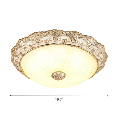 Resin Carved Round Flush Mount Fixture Countryside LED Bedroom Flush Ceiling Light in Gold, 12
