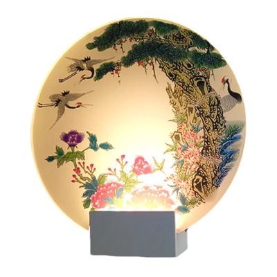 Round Bedroom Wall Light Acrylic Chinese Style LED Mural Lamp in White with Halcyon and Spring Blossom Pattern