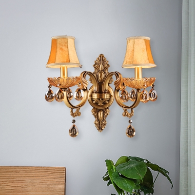 Rustic Candlestick Wall Lighting Fixture 2 Bulbs Metallic Sconce with Flared Fabric Shade in Brass