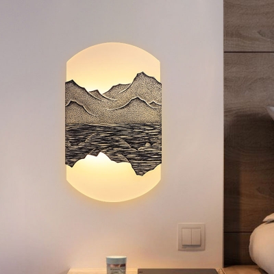 Silver/Brown Oval/Fan Shape Sconce Lamp Asian Style Acrylic LED Mountain Mural Lighting for Decoration