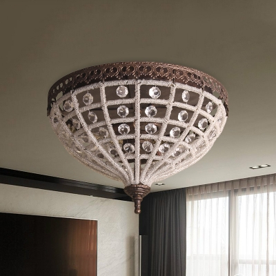 Vintage Domed Cage Flushmount Lamp 2-Light Crystal Bead Flush Ceiling Light Fixture in Bronze