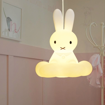 White Rabbit Pendulum Light Cartoon 1 Bulb Plastic Pendant Lighting for Nursery School