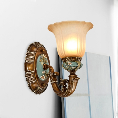 1/2-Head Frosted Glass Wall Sconce Antiqued Bronze Floral Bedroom Wall Mounted Lamp