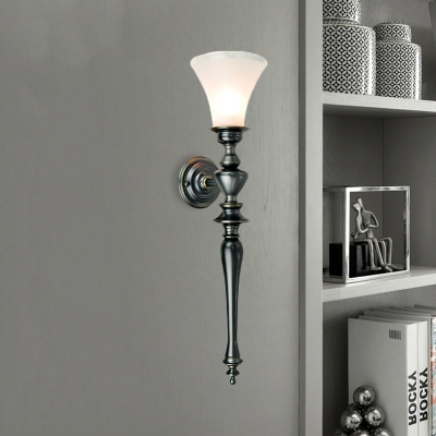 1-Bulb Wall Sconce Light Retro Living Room Wallchiere with Flared Opal Glass Shade in Black