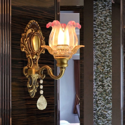 1-Light Wall Mounted Light with Flower Shade Clear and Pink Glass Traditional Corner Wall Lamp in Brass