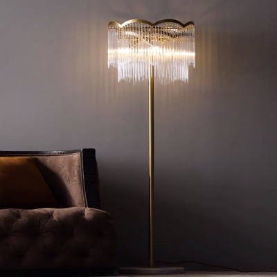 2-Layer Drum Crystal Rod Floor Light Mid-Century 1-Light Gold Standing Floor Lamp for Living Room