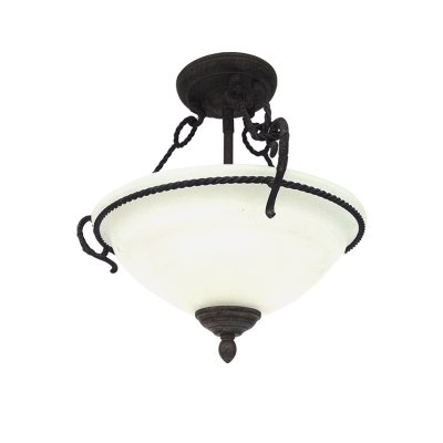 3 Lights Semi Flush Lighting with Dome Shade Opal White Glass Country Bedroom Flush Mounted Lamp in Black
