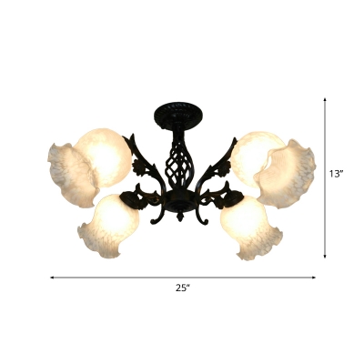4-Head Semi Mount Lighting with Flower Shade White Glass Country Bedroom Ceiling Flush in Black