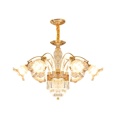6 Lights Bedroom Ceiling Chandelier Contemporary Gold Hanging Pendant with Floral Crystal Shade