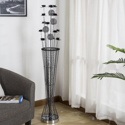 Art Deco Florets and Vase Stand Up Lamp Aluminum Wire LED Floor Light in Black-Silver