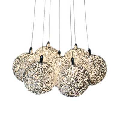 Art Deco Globe Cluster Light Pendant 7 Bulbs Aluminum Wire Hanging Lamp Kit in White-Silver, White/Warm Light