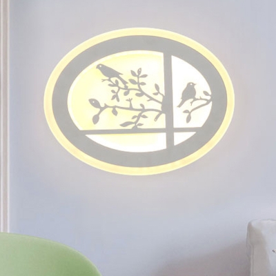 Asia LED Flush Mount Wall Sconce White Bird and Branch Patterned Oval Mural Light with Acrylic Shade, Warm/White Light