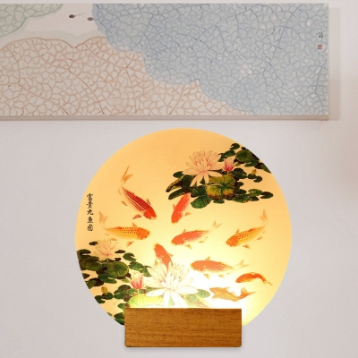 Asian Carp in Lotus Pond Wall Mural Lamp Acrylic Hotel LED Disc Wall Lighting in Wood