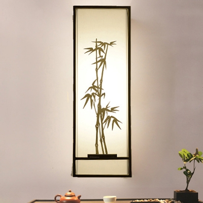 Bamboo Tearoom Wall Mural Light Metal 2-Bulb Asian Wall Mounted Lamp with Rectangle Fabric Shade