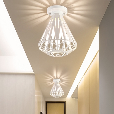 White/Black 1-Head Flush Ceiling Light Modernist Metal Diamond Cage Flush Mount Fixture for Hallway