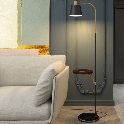 Black and Gold Barrel Stand Up Light Post Modern Single Metallic Floor Standing Lamp with Wood Shelf